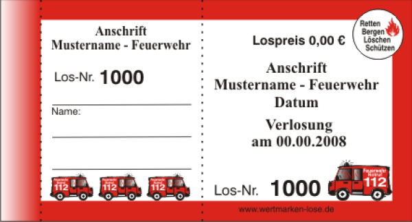 1000  Doppelnummern "Feuerwehr", 2 x Text änderbar