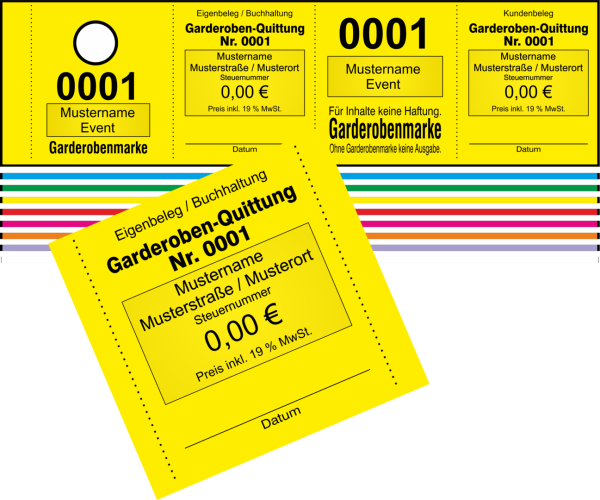 1000 Garderobenmarken "4 Abschnitte", 14 mm Bügelloch + Quittung, Text änderbar