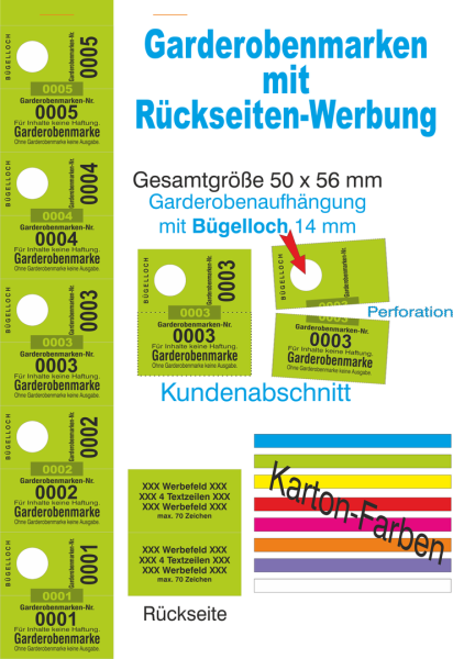 1000 Garderobenmarken "5 Abschnitte Rückseite individuell", 14 mm Bügelloch