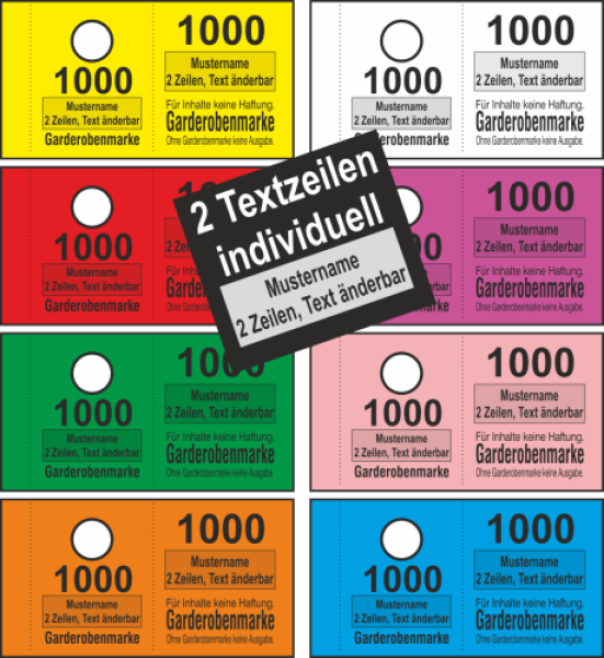 1000 Garderobenmarken "2 Zeilen Text", 14 mm Bügelloch