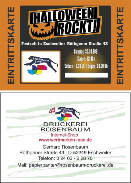 100 farbige Eintrittskarten mit Rückseite, incl. Gestaltung + Nummerierung, Format: 13,8 x 9,5 cm